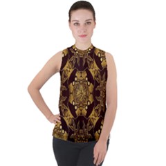 Gold Black Book Cover Ornate Mock Neck Chiffon Sleeveless Top by Pakrebo