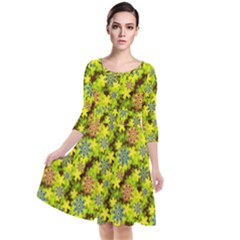 Flowers Yellow Red Blue Seamless Quarter Sleeve Waist Band Dress