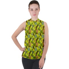 Flowers Yellow Red Blue Seamless Mock Neck Chiffon Sleeveless Top