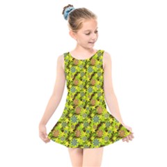 Flowers Yellow Red Blue Seamless Kids  Skater Dress Swimsuit