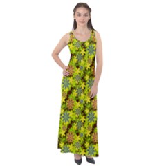 Flowers Yellow Red Blue Seamless Sleeveless Velour Maxi Dress