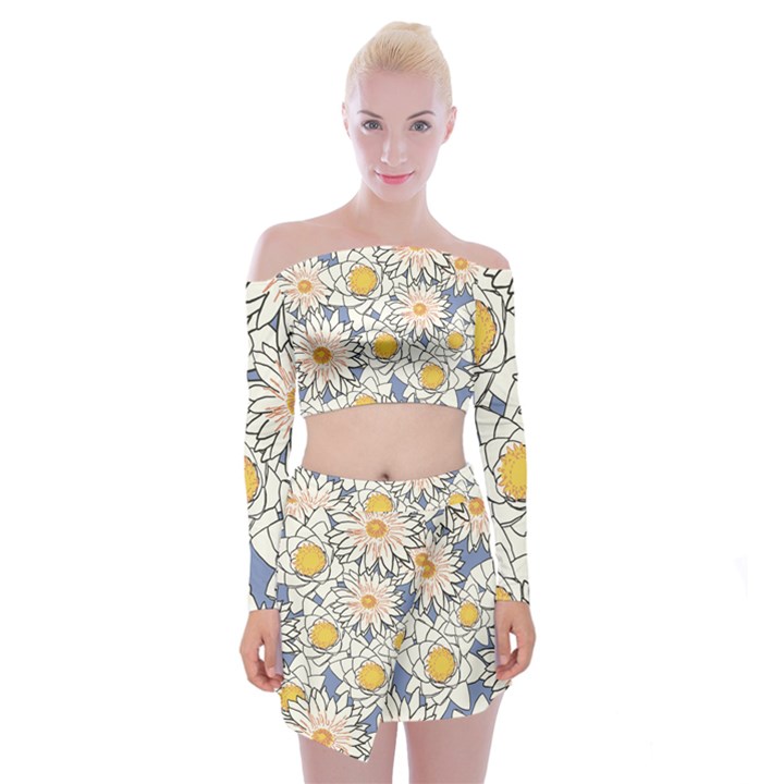 Flowers Pattern Lotus Lily Off Shoulder Top with Mini Skirt Set