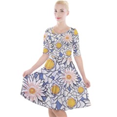 Flowers Pattern Lotus Lily Quarter Sleeve A-line Dress