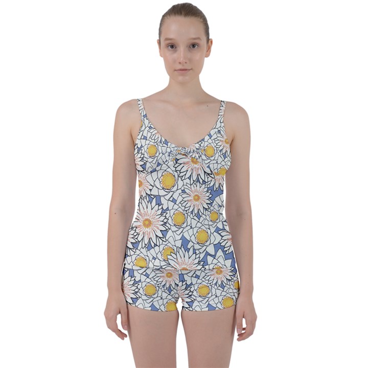 Flowers Pattern Lotus Lily Tie Front Two Piece Tankini