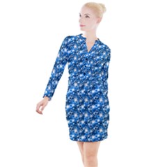 Star Hexagon Blue Deep Blue Light Button Long Sleeve Dress by Pakrebo