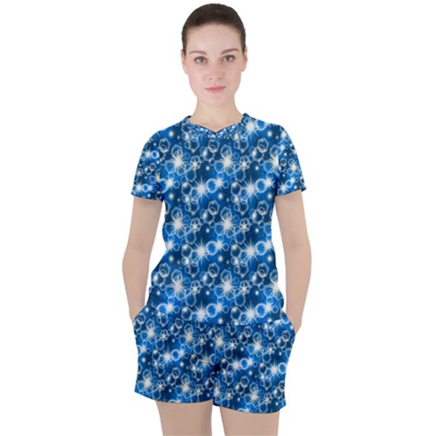 Star Hexagon Blue Deep Blue Light Women s Tee And Shorts Set by Pakrebo