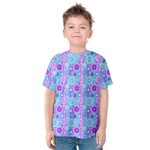 Flowers Light Blue Purple Magenta Kids  Cotton Tee by Pakrebo