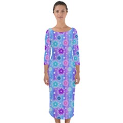 Flowers Light Blue Purple Magenta Quarter Sleeve Midi Bodycon Dress