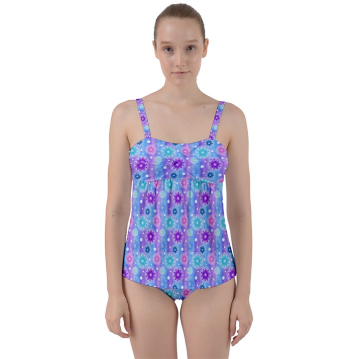 Flowers Light Blue Purple Magenta Twist Front Tankini Set