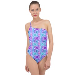 Flowers Light Blue Purple Magenta Classic One Shoulder Swimsuit