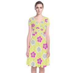 Traditional Patterns Plum Short Sleeve Front Wrap Dress by Pakrebo