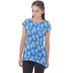 Hydrangea Blue Glitter Round Cap Sleeve High Low Top