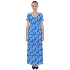 Hydrangea Blue Glitter Round High Waist Short Sleeve Maxi Dress