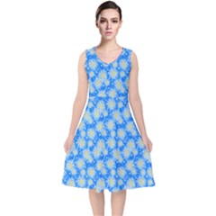 Hydrangea Blue Glitter Round V-neck Midi Sleeveless Dress  by Pakrebo