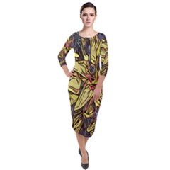 Lilies Abstract Flowers Nature Quarter Sleeve Midi Velour Bodycon Dress