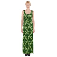 White Flowers Green Damask Maxi Thigh Split Dress