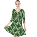 White Flowers Green Damask Quarter Sleeve Front Wrap Dress View1