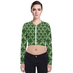 White Flowers Green Damask Long Sleeve Zip Up Bomber Jacket