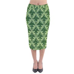 White Flowers Green Damask Velvet Midi Pencil Skirt by Pakrebo