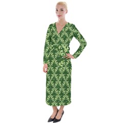 White Flowers Green Damask Velvet Maxi Wrap Dress