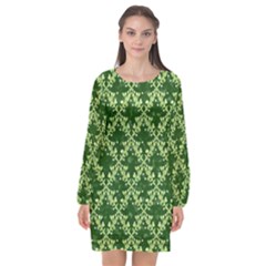 White Flowers Green Damask Long Sleeve Chiffon Shift Dress  by Pakrebo