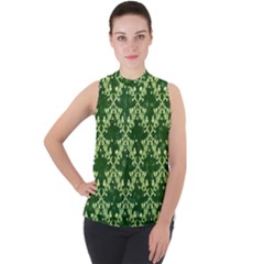 White Flowers Green Damask Mock Neck Chiffon Sleeveless Top