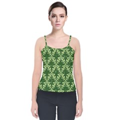 White Flowers Green Damask Velvet Spaghetti Strap Top