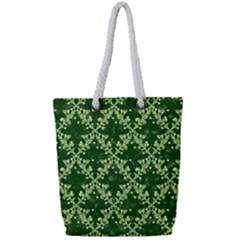 White Flowers Green Damask Full Print Rope Handle Tote (small)