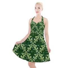 White Flowers Green Damask Halter Party Swing Dress  by Pakrebo