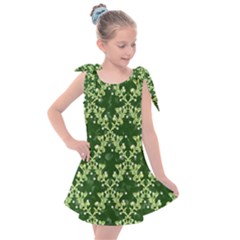 White Flowers Green Damask Kids  Tie Up Tunic Dress