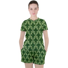 White Flowers Green Damask Women s Tee And Shorts Set