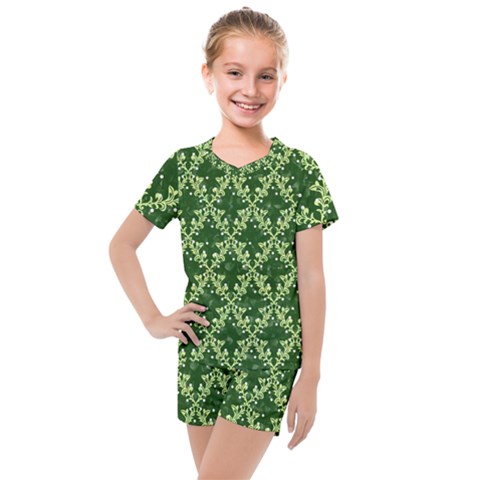 White Flowers Green Damask Kids  Mesh Tee And Shorts Set by Pakrebo