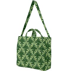 White Flowers Green Damask Square Shoulder Tote Bag