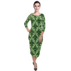 White Flowers Green Damask Quarter Sleeve Midi Velour Bodycon Dress