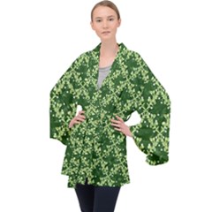 White Flowers Green Damask Velvet Kimono Robe by Pakrebo