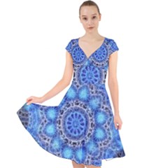 Fractal Mandala Abstract Cap Sleeve Front Wrap Midi Dress