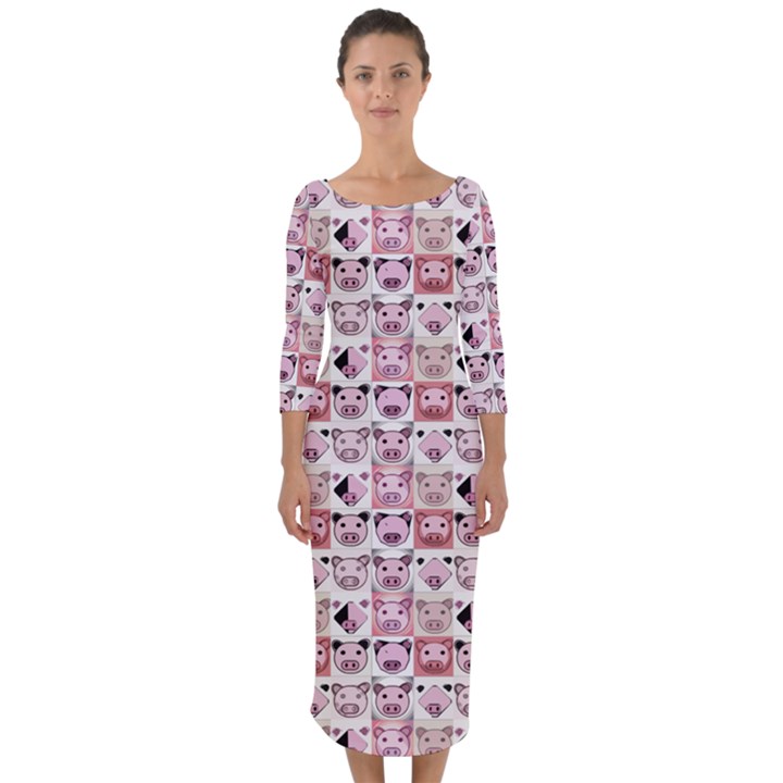 Graphic Seamless Pattern Pig Quarter Sleeve Midi Bodycon Dress