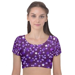 Textile Cross Pattern Square Velvet Short Sleeve Crop Top 