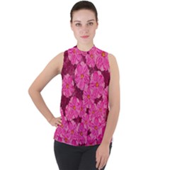 Cherry Blossoms Floral Design Mock Neck Chiffon Sleeveless Top