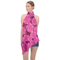 Cherry Blossoms Floral Design Halter Asymmetric Satin Top by Pakrebo