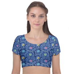 Floral Design Asia Seamless Pattern Velvet Short Sleeve Crop Top 