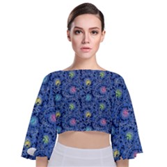 Floral Design Asia Seamless Pattern Tie Back Butterfly Sleeve Chiffon Top