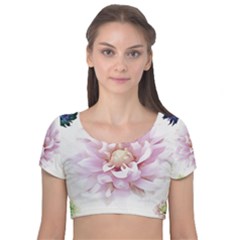 Abstract Transparent Image Flower Velvet Short Sleeve Crop Top 