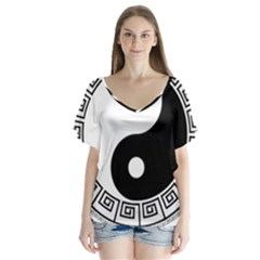 Yin Yang Eastern Asian Philosophy V-neck Flutter Sleeve Top by Pakrebo