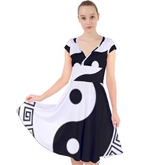 Yin Yang Eastern Asian Philosophy Cap Sleeve Front Wrap Midi Dress by Pakrebo