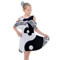 Yin Yang Eastern Asian Philosophy Kids  Shoulder Cutout Chiffon Dress