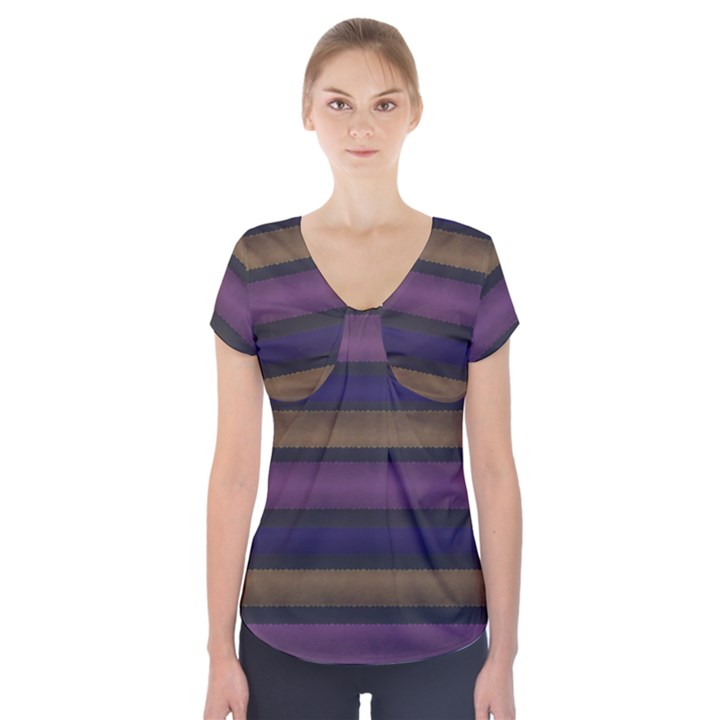 Stripes Pink Yellow Purple Grey Short Sleeve Front Detail Top