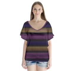 Stripes Pink Yellow Purple Grey V-neck Flutter Sleeve Top by BrightVibesDesign