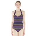 Stripes Pink Yellow Purple Grey Halter Swimsuit View1