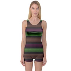 Stripes Green Brown Pink Grey One Piece Boyleg Swimsuit by BrightVibesDesign